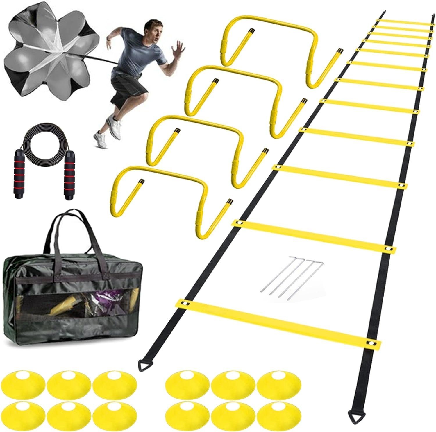 Agility Ladder Speed Agility Training Equipment,1 Agility Ladder 20Ft,4 Hurdles,Training Soccer Cones,Jump Rope,Running Parachute, Agility Training Equipment for Kids Youth Adul